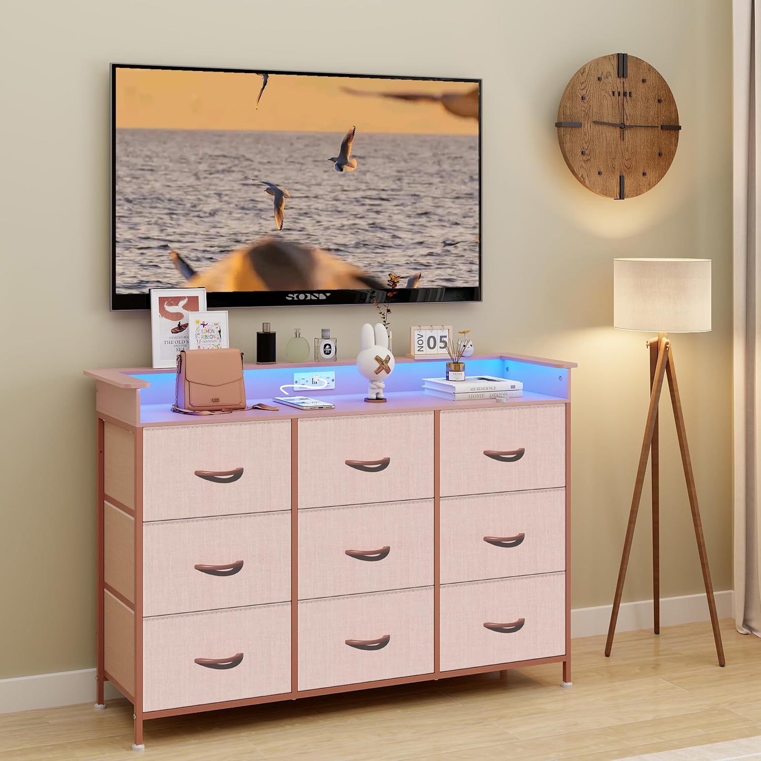 EXOTICA Pink Dresser with LED Light for Girls Bedroom 9 Drawer Dressers with Charging Station Chests of Drawers for Living Room Entryway Closet Hallway Sturdy Steel Frame Wooden Top Easy Pull Handle