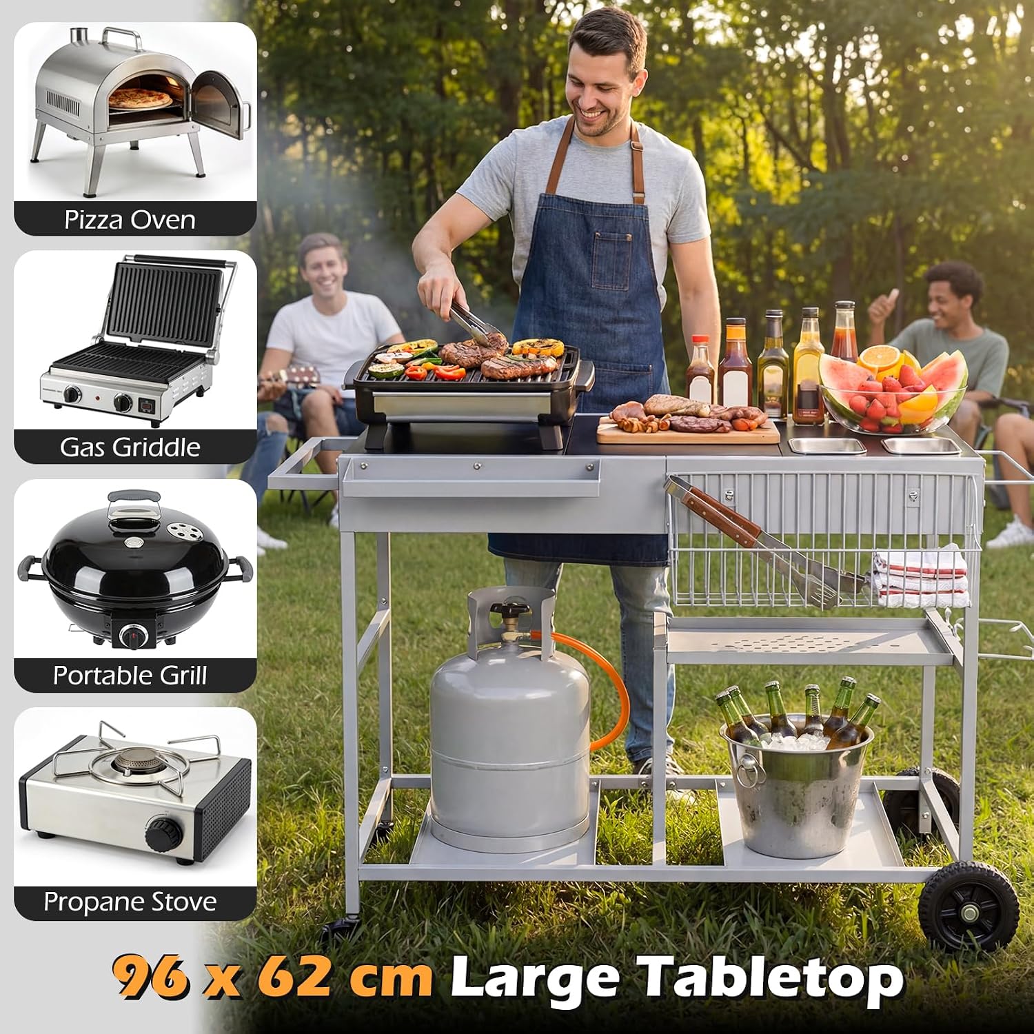 HAPPYGRILL Outdoor Grill Cart, Movable BBQ Pizza Oven Stand w/Lockable Wheels, Grill Tables w/Garbage Bag Holder, Removable Hooks, Portable Cooking Prep Table for BBQ Party