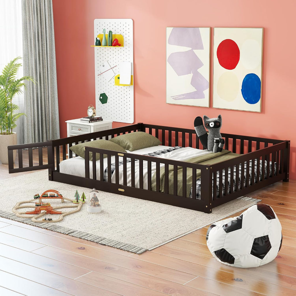 Queen Size Floor Bed with Door and Fence for Kids, Montessori Floor Bed with Slats and Safety Guardrails,Solid Wood Queen Bed Frame for Girls Boys(Queen,Espresso)