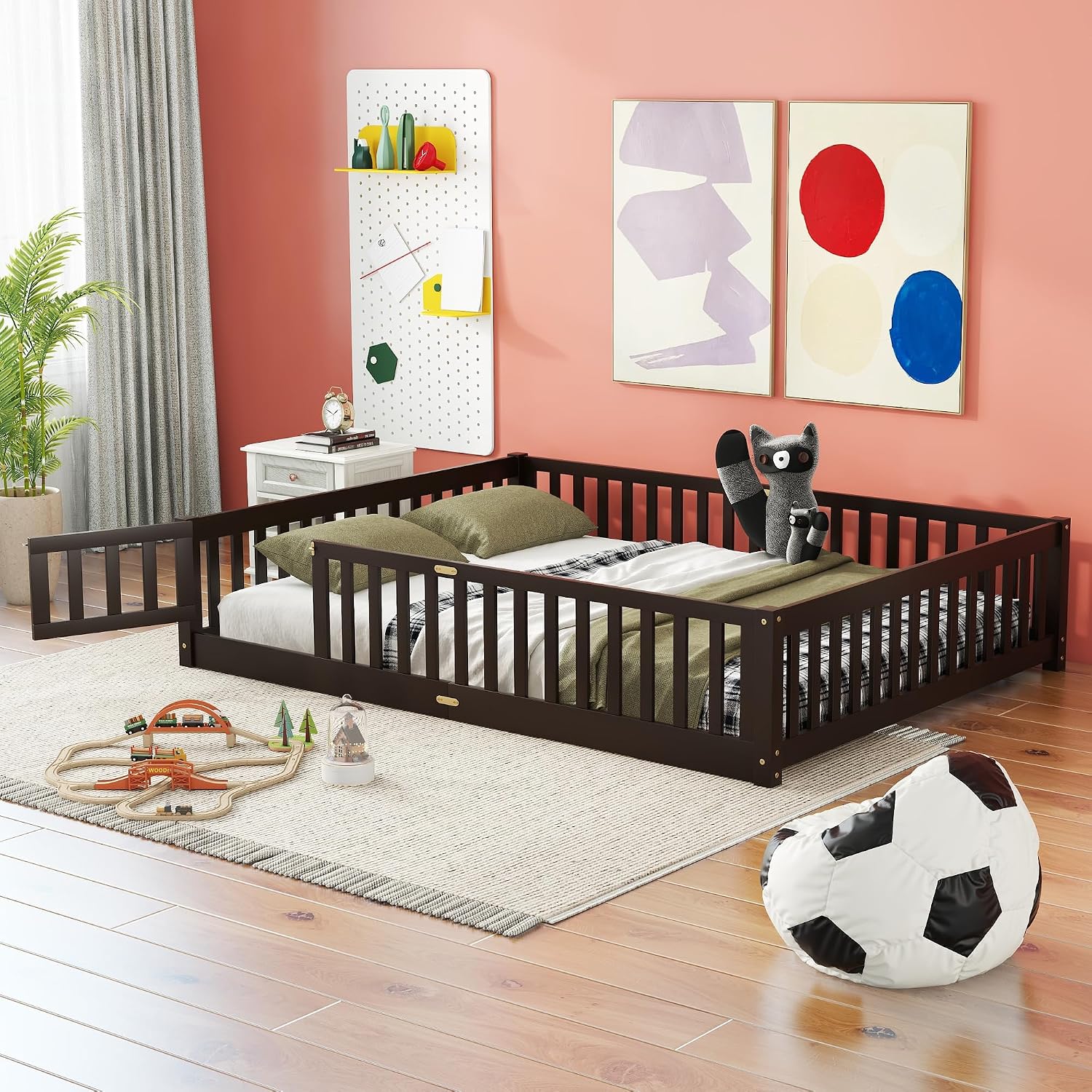 Queen Size Floor Bed with Door and Fence for Kids, Montessori Floor Bed with Slats and Safety Guardrails,Solid Wood Queen Bed Frame for Girls Boys(Queen,Espresso)