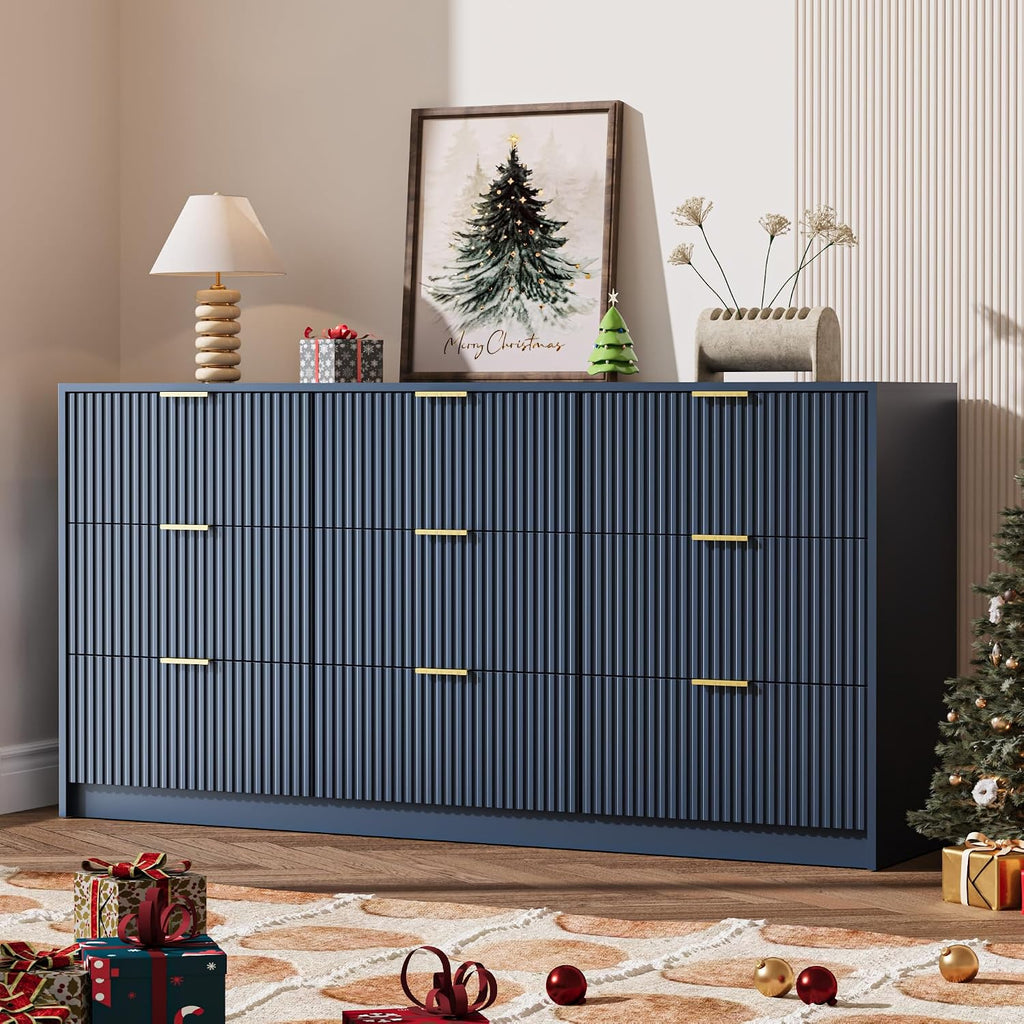 MAISONARIA Navy 9 Drawer Dresser for Bedroom, 63' Wide Modern Fluted Dresser with Gold Metal Handles, Chest of Drawers for Bedroom, Living Room, Entryway, Hallway