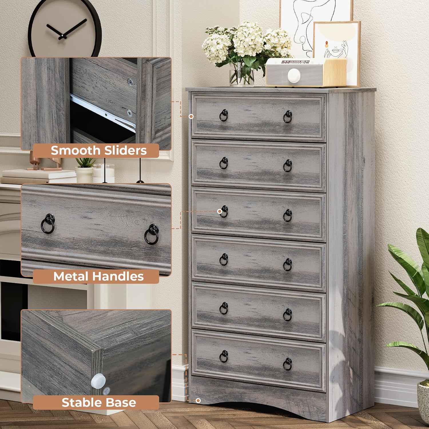 VVFLU 6 Drawer Dresser Tall, 52' Tall Grey Dresser for Bedroom, Chest of Drawers, Large Storage Organizer for Clothes, Grey Vintage, for Living Room, Bedroom, Hallway