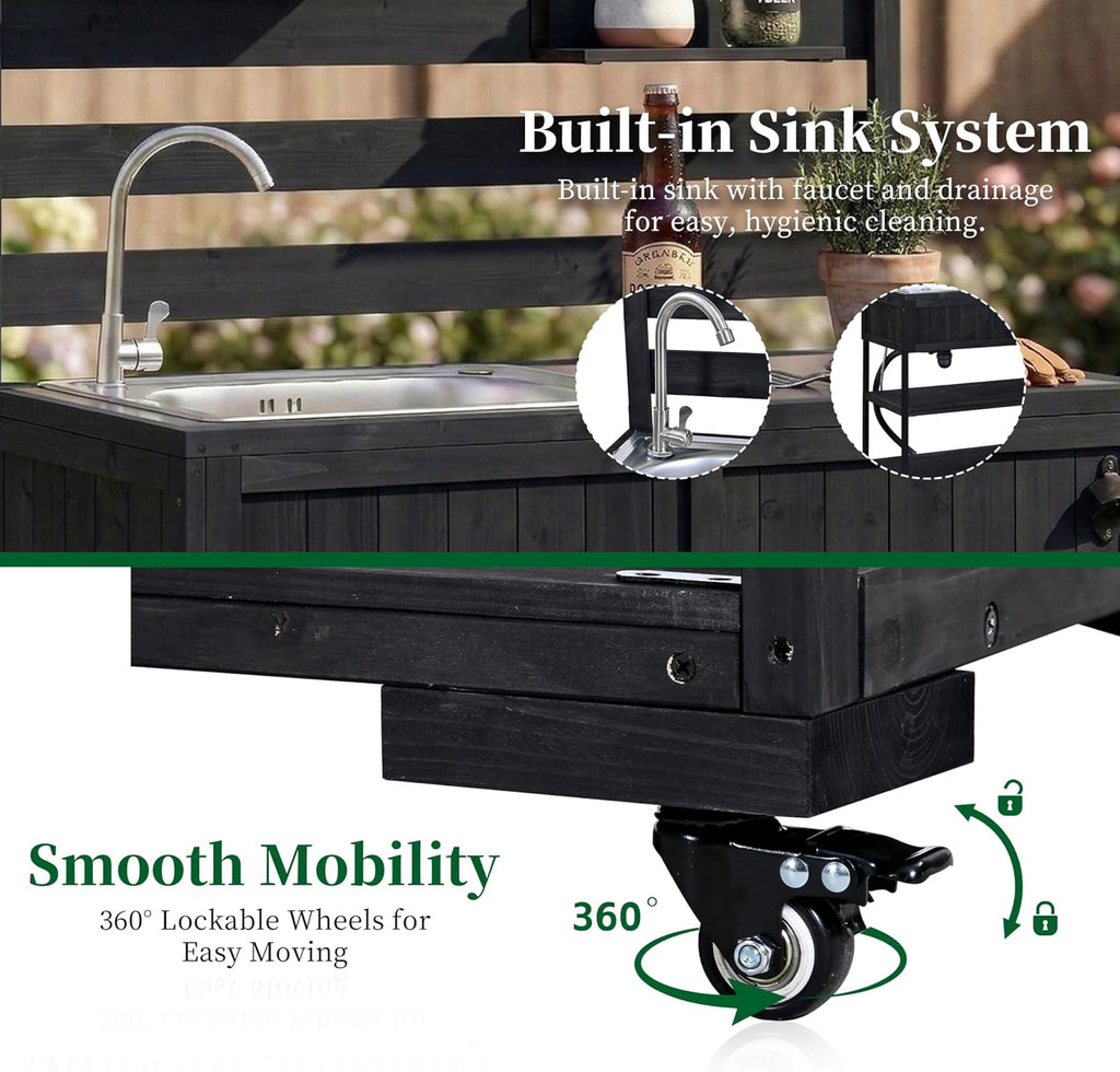 41.7'' Large Patio Rolling Kitchen Island,Solid Wood Kitchen Cart with Sink,Garden Potting Bench with Stainless Table Top,2 Movable Shelves and 1 Bottle Opener (Black-RK)