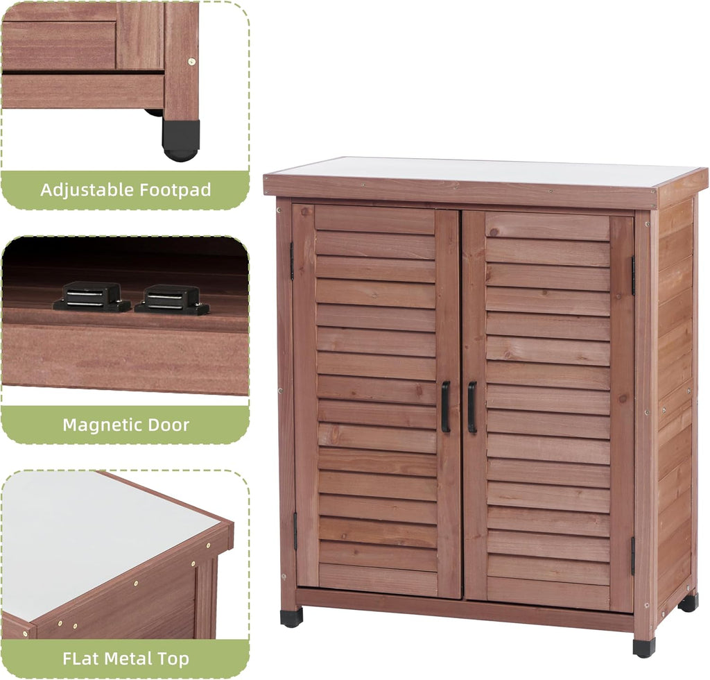 Potting Bench with Storage Cabinet and Metal Table Top for Outdoor Patio, Garden Furniture Wood Workstation (Brown)