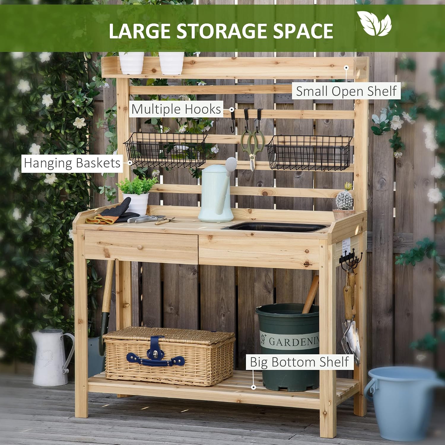 GOWE Potting Bench Table, Garden Work Bench, Workstation with Metal Sieve Screen, Removable Sink, Additional Hooks and Baskets for Patio, Courtyards, Balcony, Natural