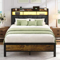 Welzona Full Size Bed Frame with Charging Station, LED Bed with Upholstered Storage Headboard, Solid and Stable, Noise Free, No Box Spring Needed, Easy Assembly, Vintage Brown