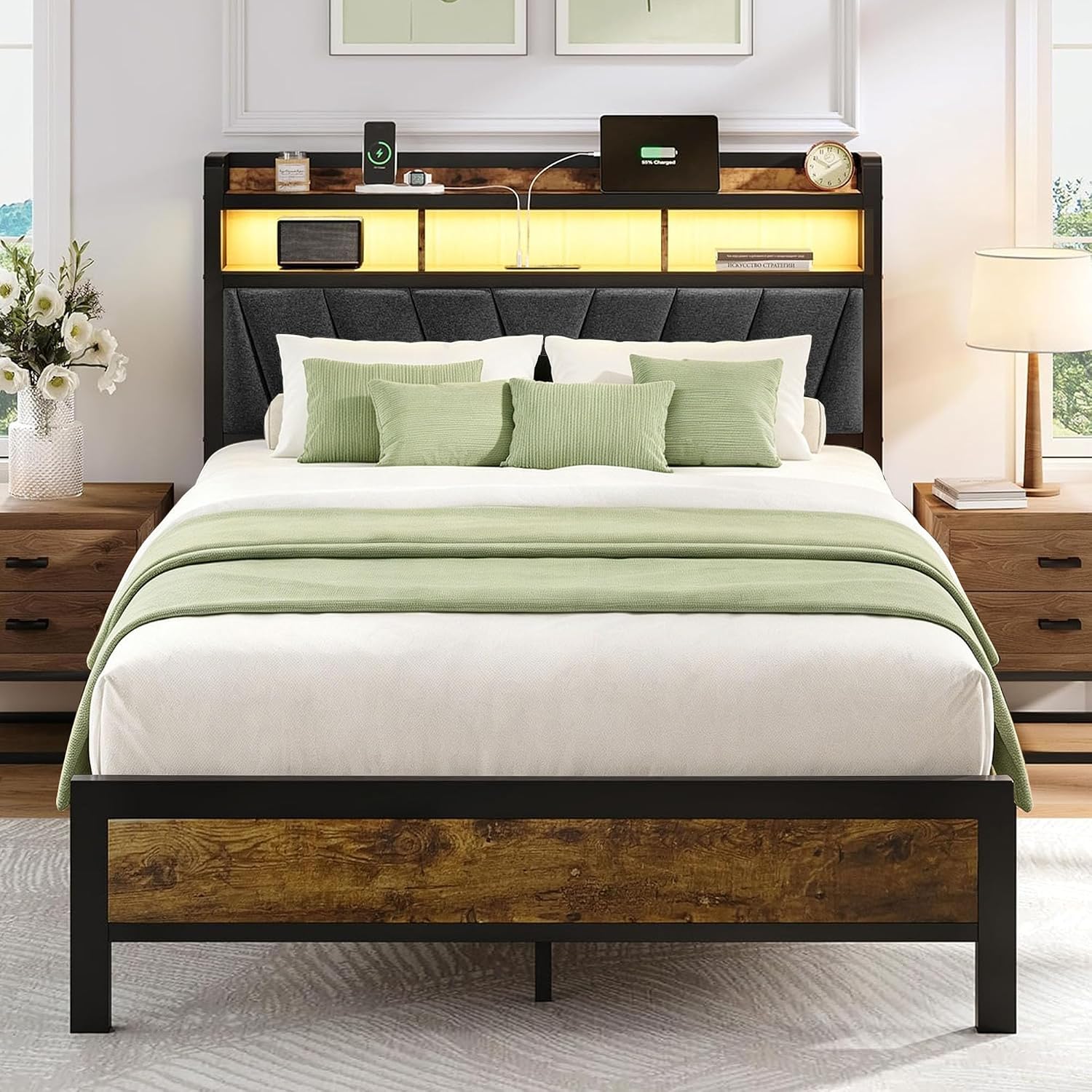 Welzona Full Size Bed Frame with Charging Station, LED Bed with Upholstered Storage Headboard, Solid and Stable, Noise Free, No Box Spring Needed, Easy Assembly, Vintage Brown