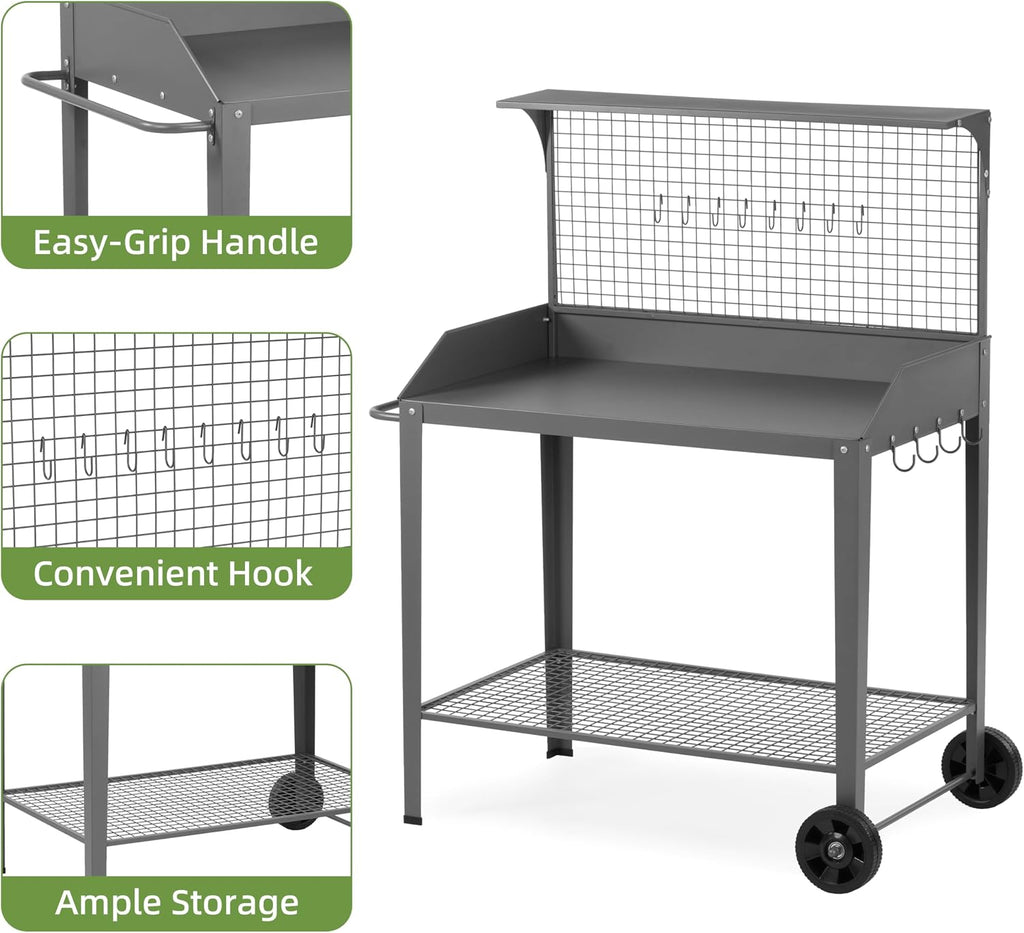 DDK Outdoor Metal Potting Bench with Wheels & Hooks, Wire Rack, Dark Gray | Rustproof Metal, Raised-Edge Worktop, Trellis Top Shelf, 4 Side Hooks, Wire Bottom Shelf