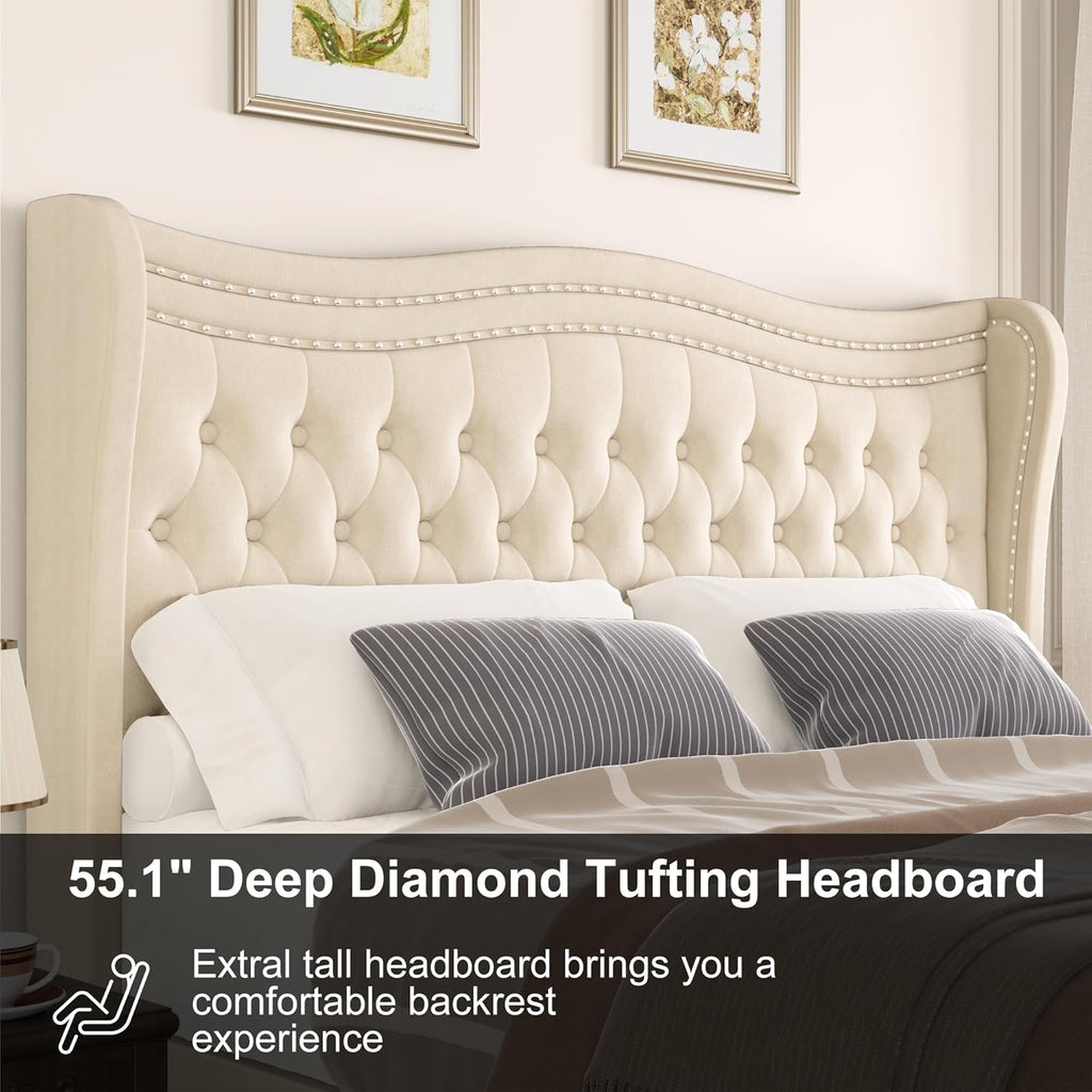 Upholstered Full Size Bed Frame with Tall Headboard, Velvet Wingback Platform Bed Frame with Deep Button Tufted, No Box Spring Needed, Noise Free, Beige