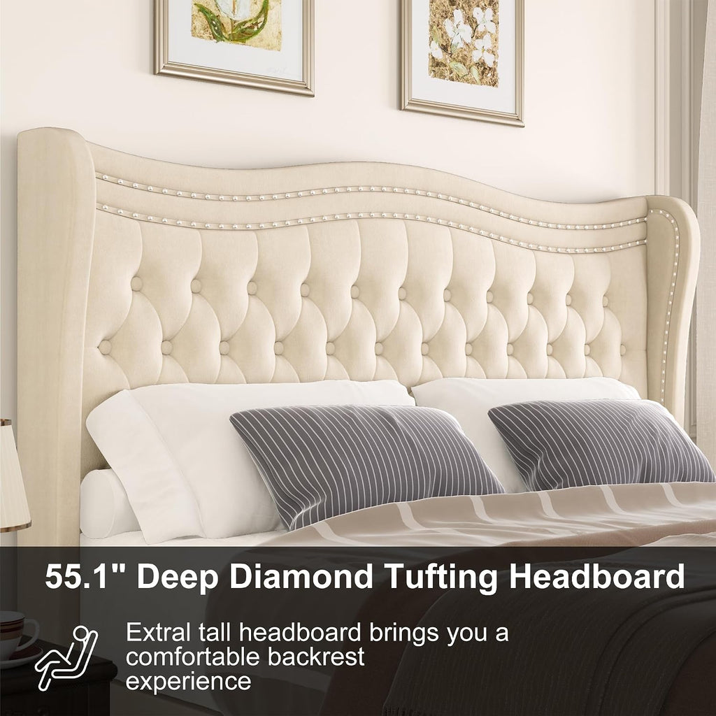 Full Bed Frame with Tall Headboard & Footboard, Velvet Upholstered Platform Bed Frame with Deep Button Tufted Wingback, No Box Spring Needed, Noise Free, Beige