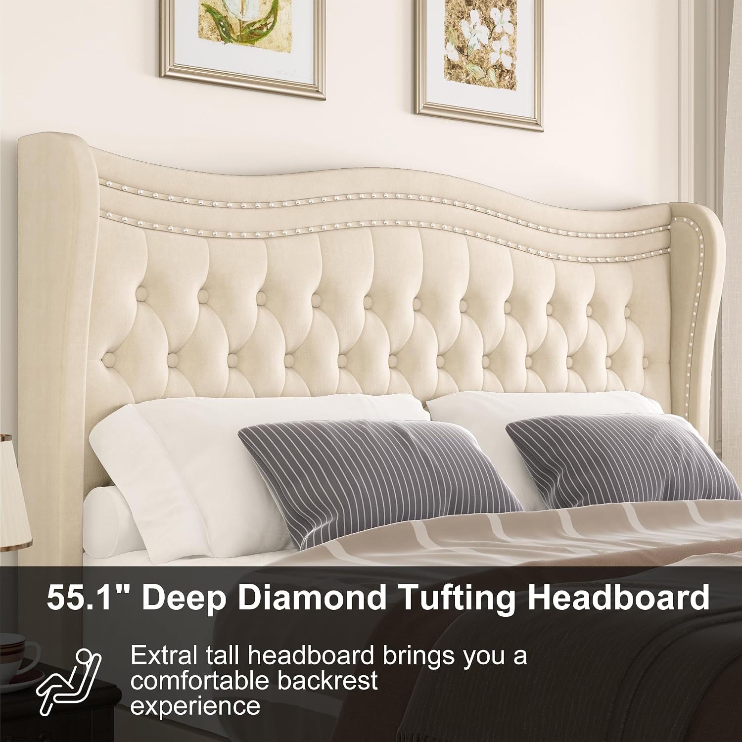 Full Bed Frame with Tall Headboard & Footboard, Velvet Upholstered Platform Bed Frame with Deep Button Tufted Wingback, No Box Spring Needed, Noise Free, Beige