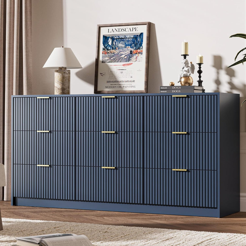 MAISONARIA Navy 9 Drawer Dresser for Bedroom, 63' Wide Modern Fluted Dresser with Gold Metal Handles, Chest of Drawers for Bedroom, Living Room, Entryway, Hallway