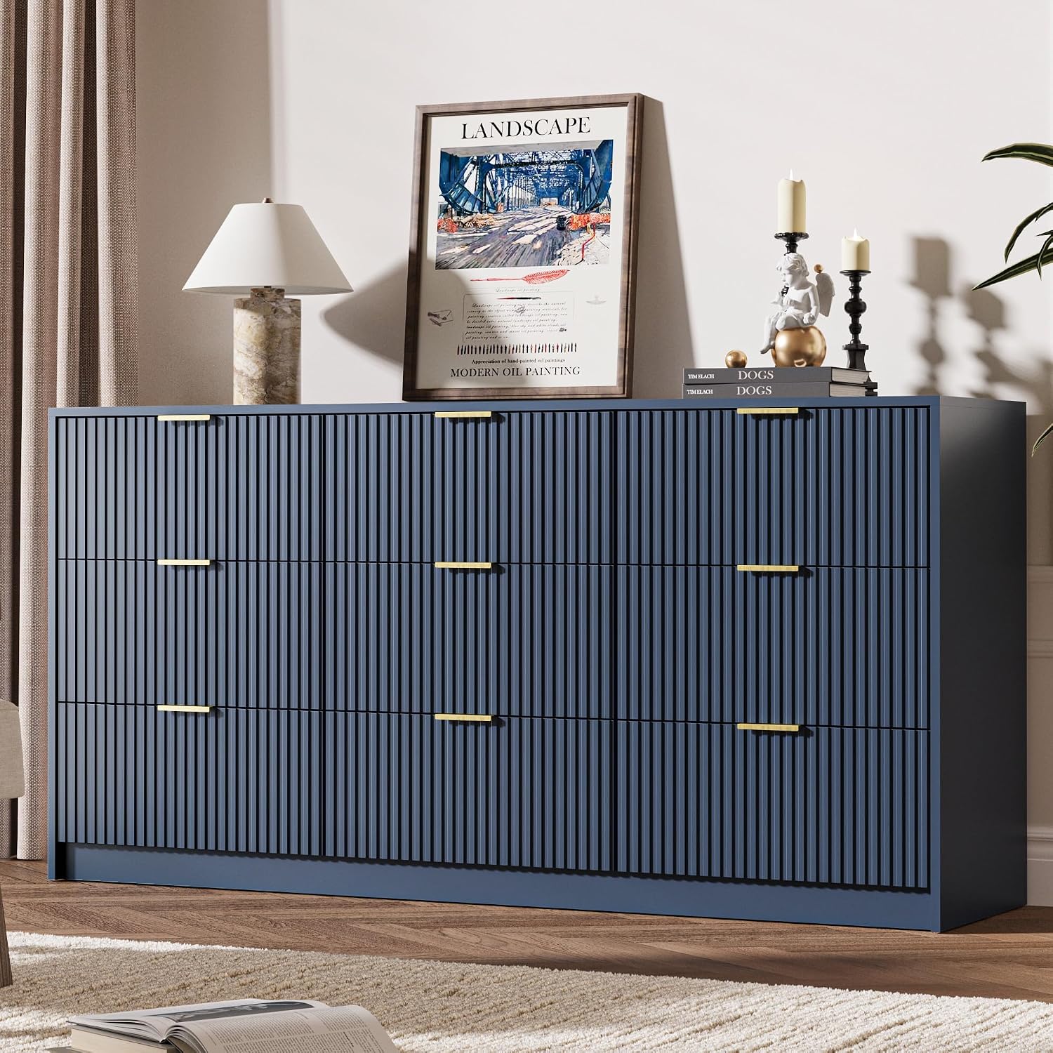 MAISONARIA Navy 9 Drawer Dresser for Bedroom, 63' Wide Modern Fluted Dresser with Gold Metal Handles, Chest of Drawers for Bedroom, Living Room, Entryway, Hallway