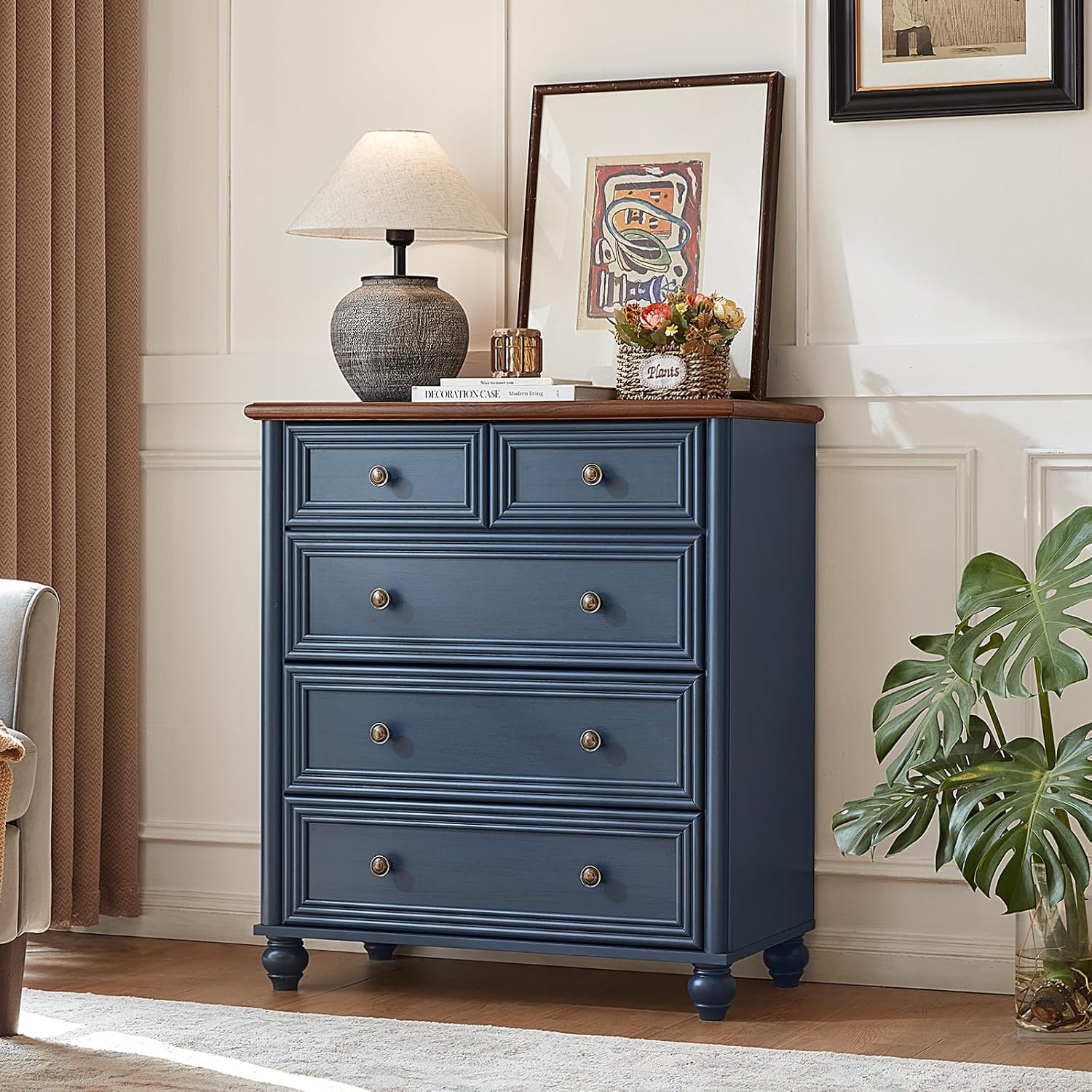 RWYHG Farmhouse 5 Drawer Dresser, Blue Rustic Chest of Drawers, 35.5' Tall Small Dressers for Bedroom with Roman Column and Metal Handles,Wood Storage Organizer for Living Room, Hallway, Closet