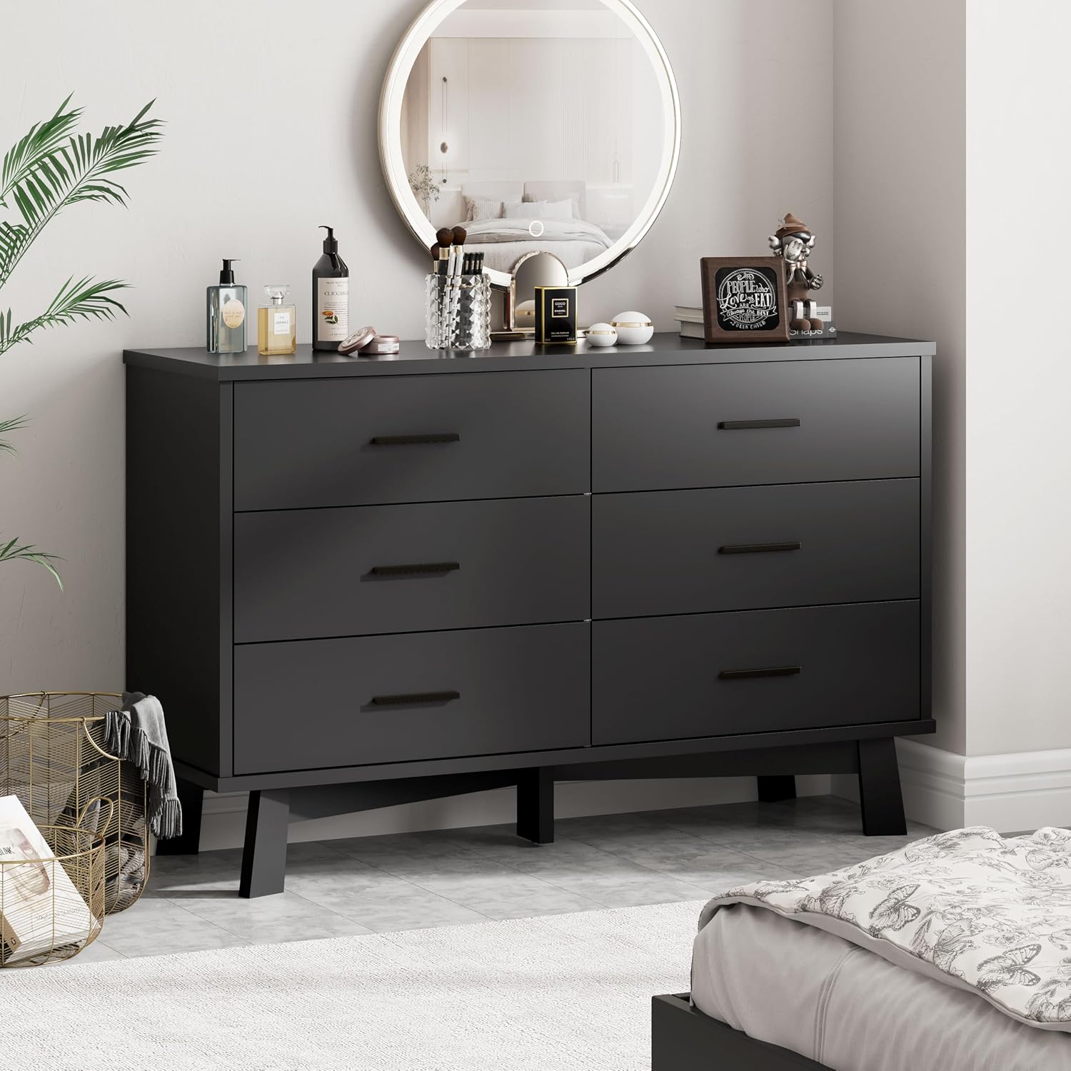 Xixini Dresser for Bedroom with 6 Drawer, Modern Chest of Drawers with X-Shaped Sturdy Base, Wide Wood Double Dresser Closet Clothes Storage Organizer, Wooden TV Stand for Living Room, Hallway, Black