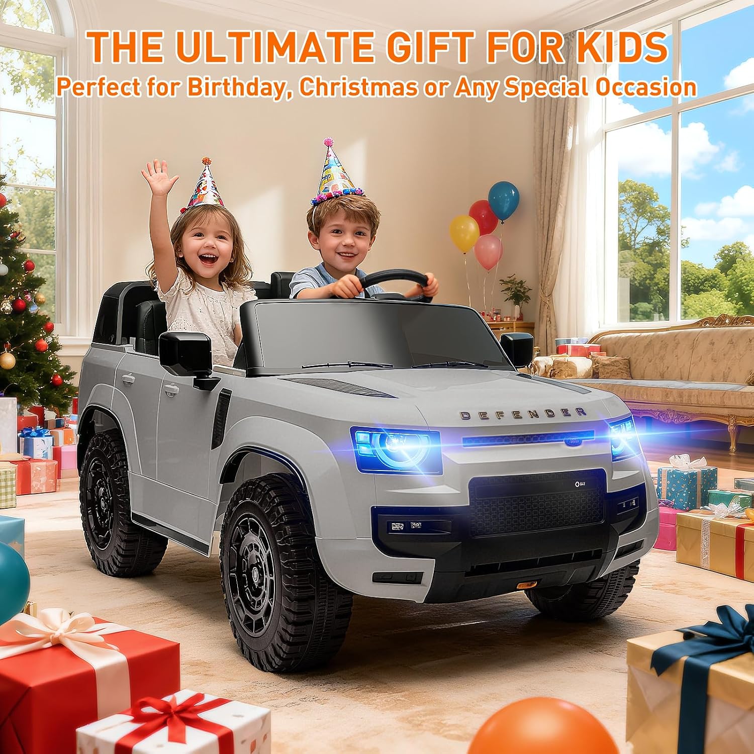 MINIATURE MOTORS 24V Ride on Toys for Big Kids, 2-Seater Toddlers Licensed Electric Car Remote Control, 3.7mph Max Speed, Bluetooth Music, Shovel, Seat Belt, 4-Wheeler Suspension, Boy Girl Gift-Grey