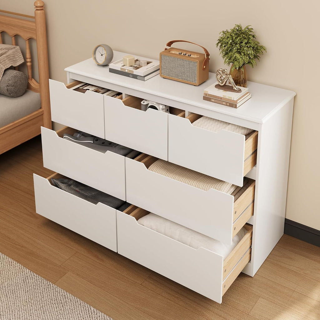 Gizoon 7 Drawer Dresser, 48' Wide White Dresser for Bedroom, Chest of Drawers with Handle Free Design, Modern Storage Organizer for Living Room, Kids Room, Entryway, Hallway, White