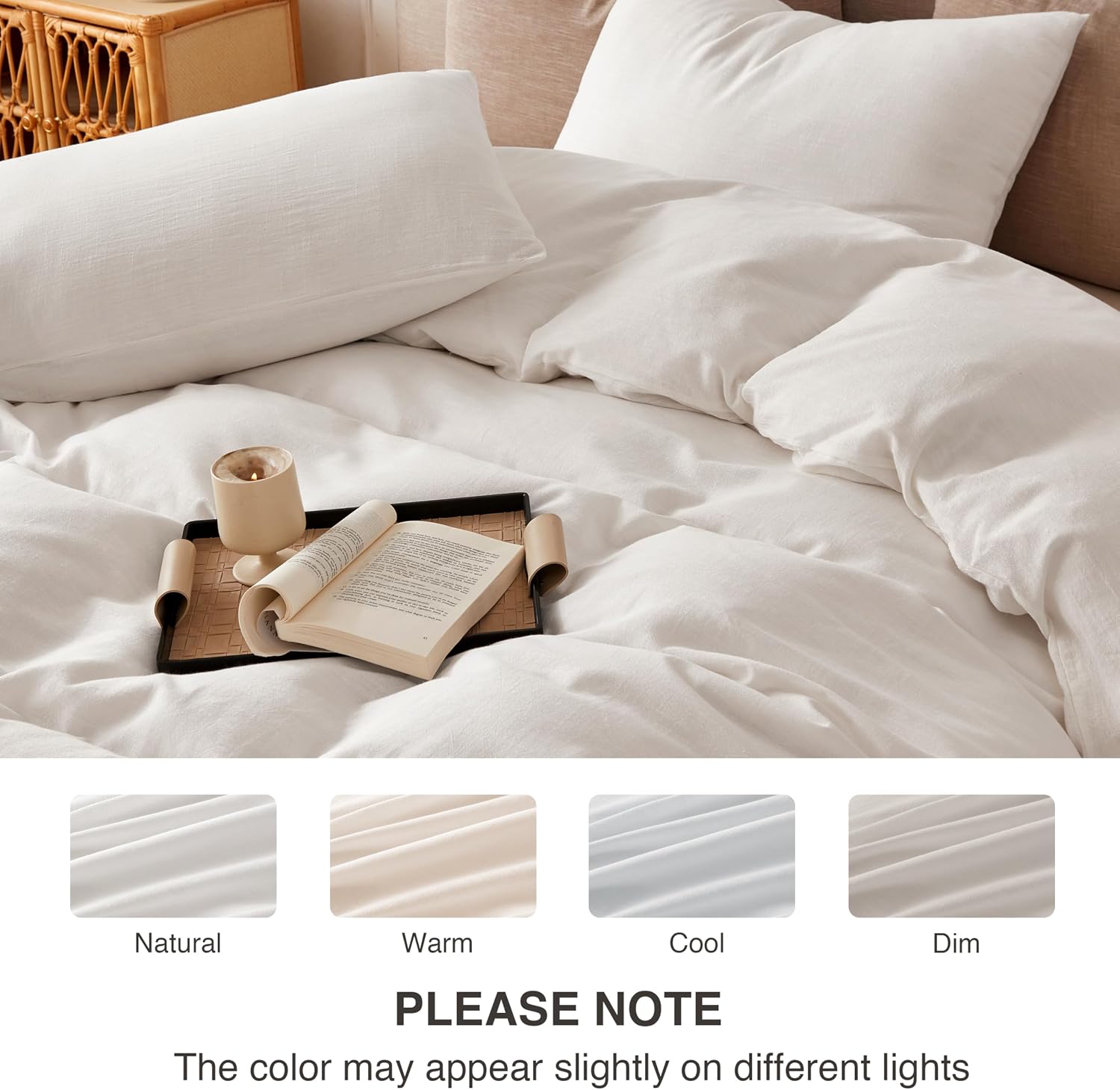 BFS HOME Linen Duvet Cover California King - Soft Breathable Cotton Linen Blend, 3-Pieces Bedding Set with 2 Pillowcases, Stonewashed Texture, Off-White, All-Season Comfort