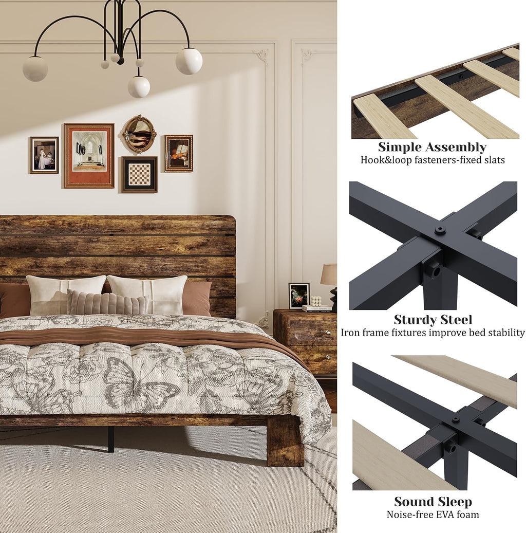 Full Size Wooden Bed Frame with Headboard, Rustic Farmhouse Platform Bedframe with Wood Slat Support, Sturdy and No Noise, Easy Assembly (Brown, Full)