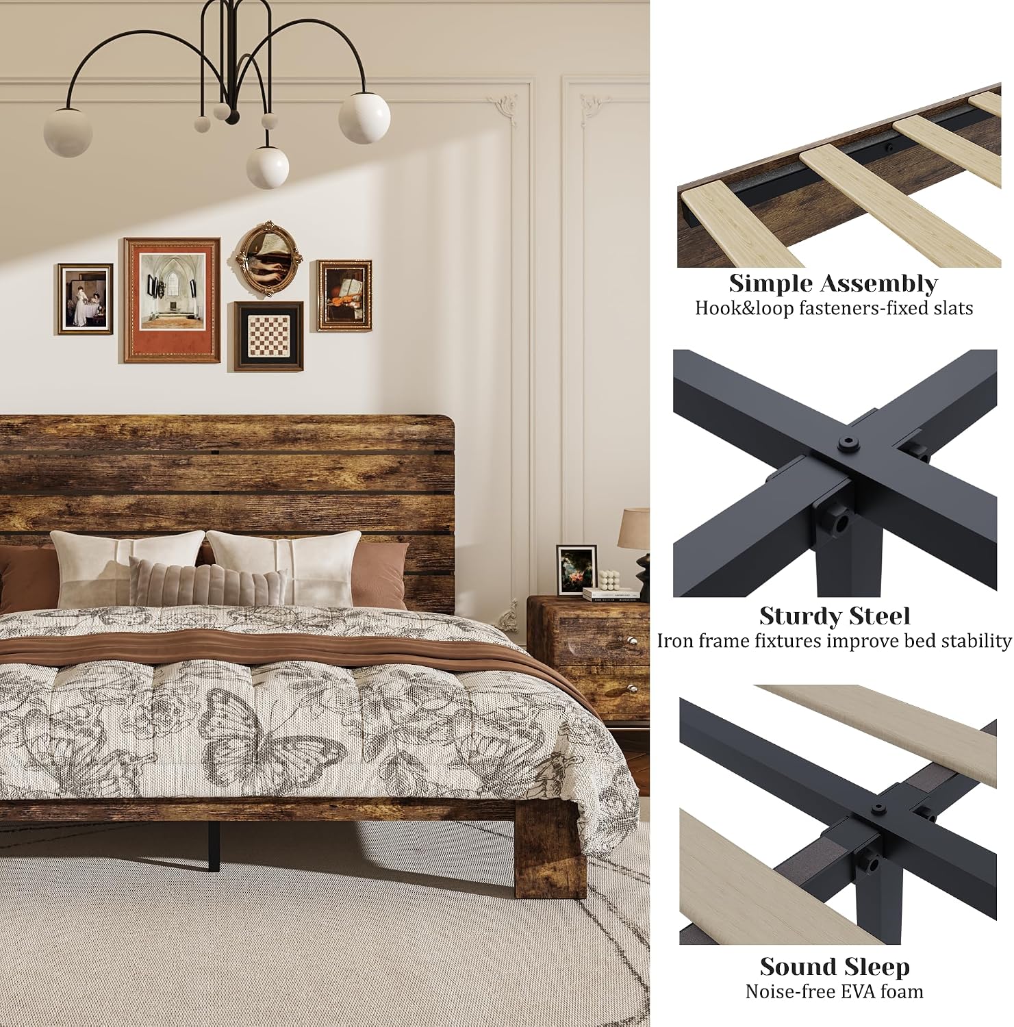 Full Size Wooden Bed Frame with Headboard, Rustic Farmhouse Platform Bedframe with Wood Slat Support, Sturdy and No Noise, Easy Assembly (Brown, Full)