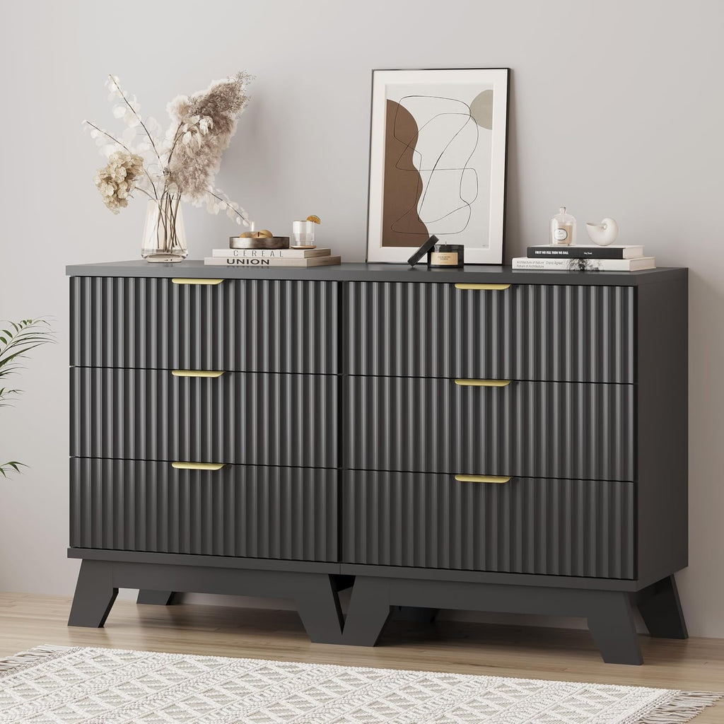 Fluted Dresser for Bedroom with 3 Drawers, 24' Wide Modern Chest of Drawers with Metal Handle, Wooden Dresser TV Stand, Wood Closet Clothes Storage Drawer Organizer for Living Room, Hallway, Black