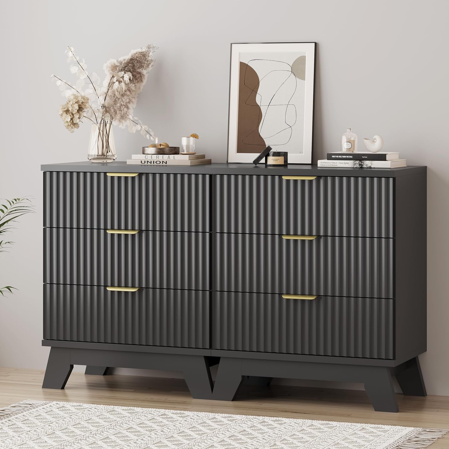 Fluted Dresser for Bedroom with 3 Drawers, 24' Wide Modern Chest of Drawers with Metal Handle, Wooden Dresser TV Stand, Wood Closet Clothes Storage Drawer Organizer for Living Room, Hallway, Black