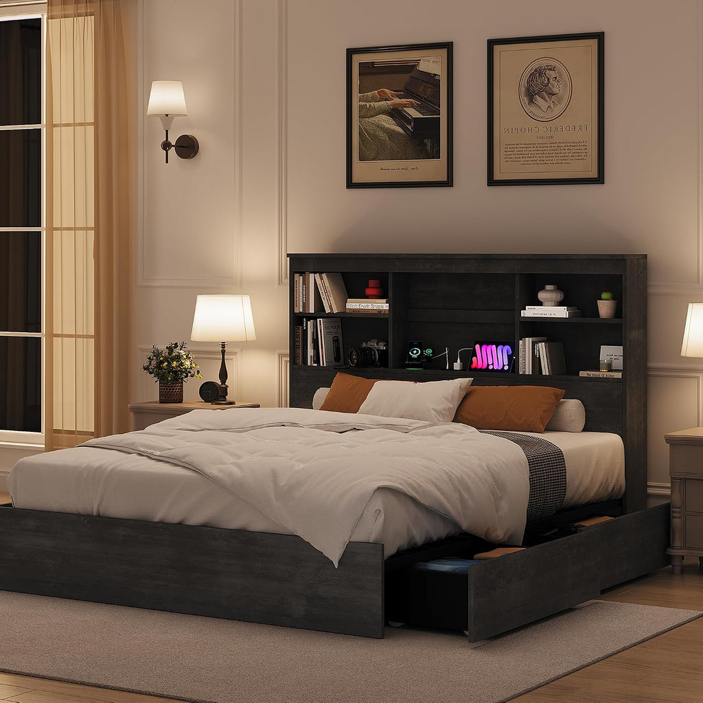 GarveeHome Full Size Bed Frame with High Storage Bookcase Headboard, Wood Bed Frame with 4 Storage Drawers, Built in Charging Station, No Box Spring Needed, Metal Frame, Noise-Free, Ink