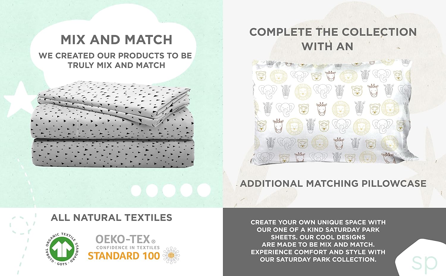 Saturday Park Safari Friends Queen Bed Set - 7 Piece 100% Organic Cotton Animals Bedding - GOTS & Oeko-TEX Certified