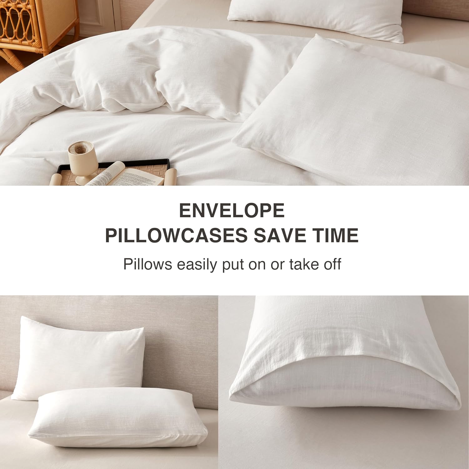 BFS HOME Linen Duvet Cover California King - Soft Breathable Cotton Linen Blend, 3-Pieces Bedding Set with 2 Pillowcases, Stonewashed Texture, Off-White, All-Season Comfort