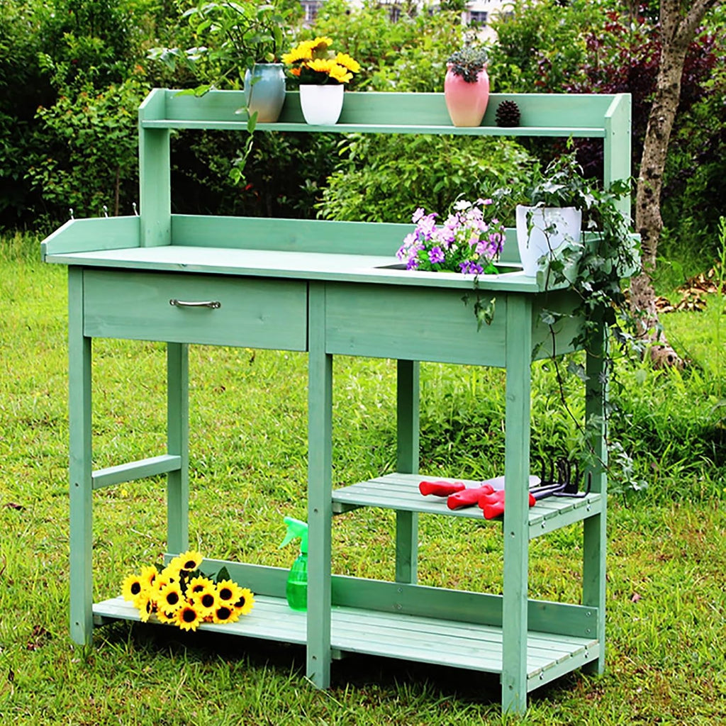 Garden Potting Bench Table, Wooden Workstation Table with Removable Stainless Steel Sink, Open Shelves, All-Weather Garden Table Work Station with Storage Drawers and Side Hooks(Color:Green)
