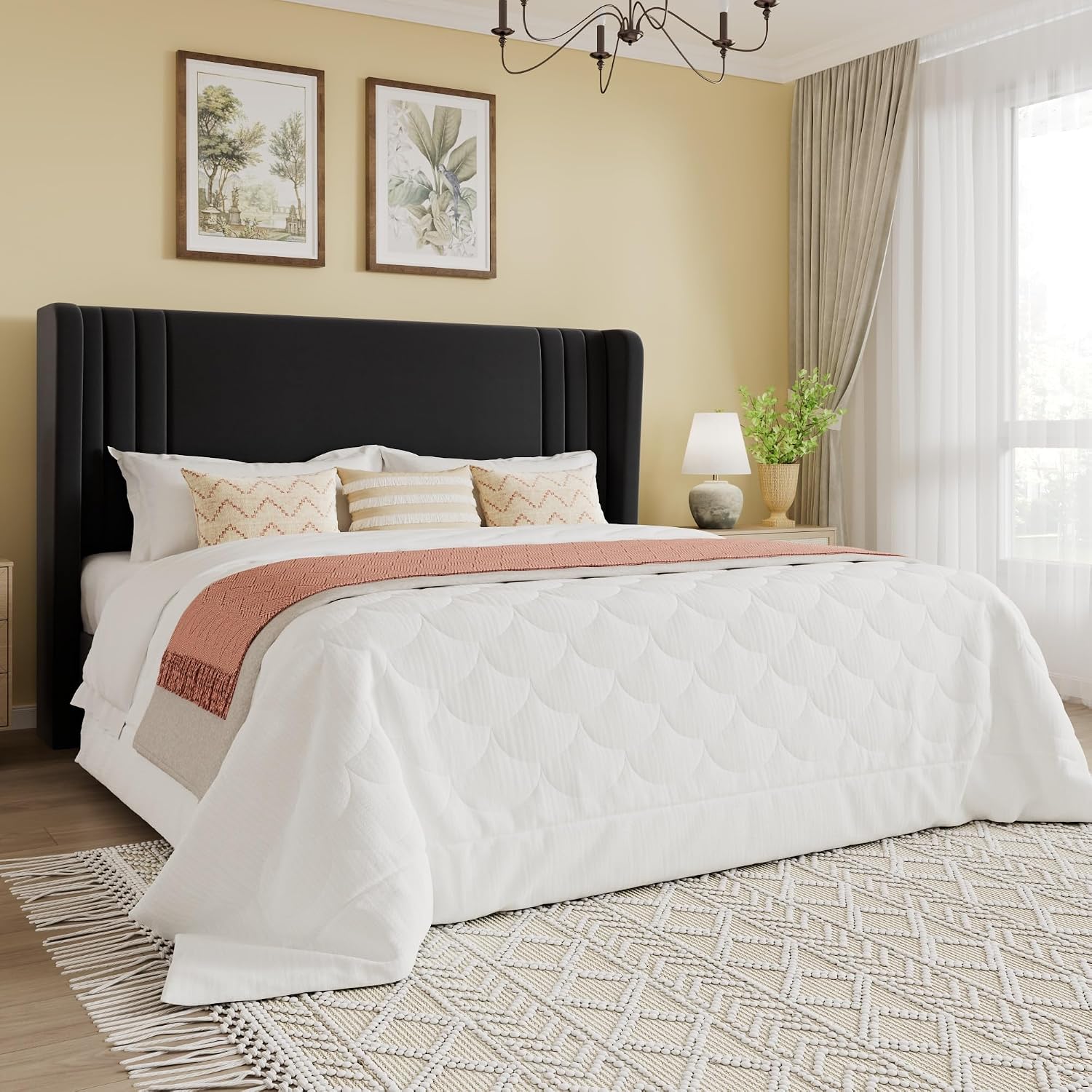 SHA CERLIN Full Size Velvet Upholstered Platform Bed Frame with Vertical Channel Tufted Wingback Headboard, Wooden Slats Support, Easy Assembly, Under Bed Storage, No Box Spring Required, Black
