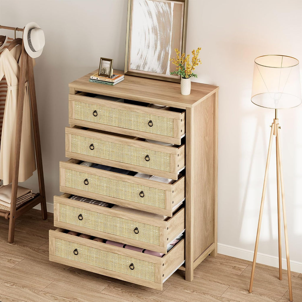 IDEALHOUSE Rattan Dresser for Bedroom with 5 Drawers, 45'' Tall Chest of Large Drawers with Large Clothes Storage Cabinet, Wood Bedroom Dresser, TV Stand for Nursery, Living Room, Enterway