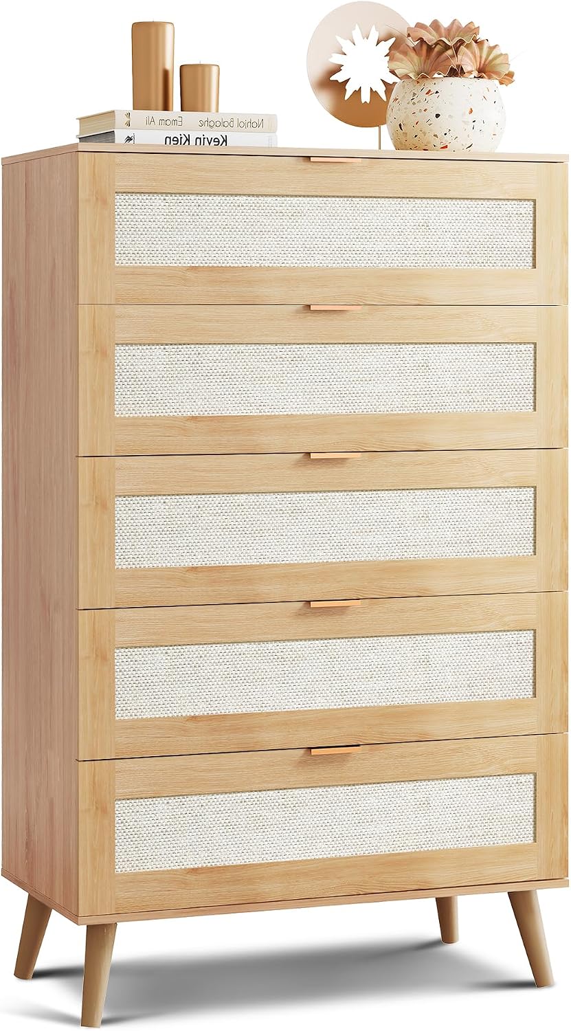WLIVE Rattan Dresser for Bedroom, 50' Tall 5 Drawer Wooden Chest of Drawers, Boho Dresser Closet Storage Organizer for Living Room, Hallway, Light Oak