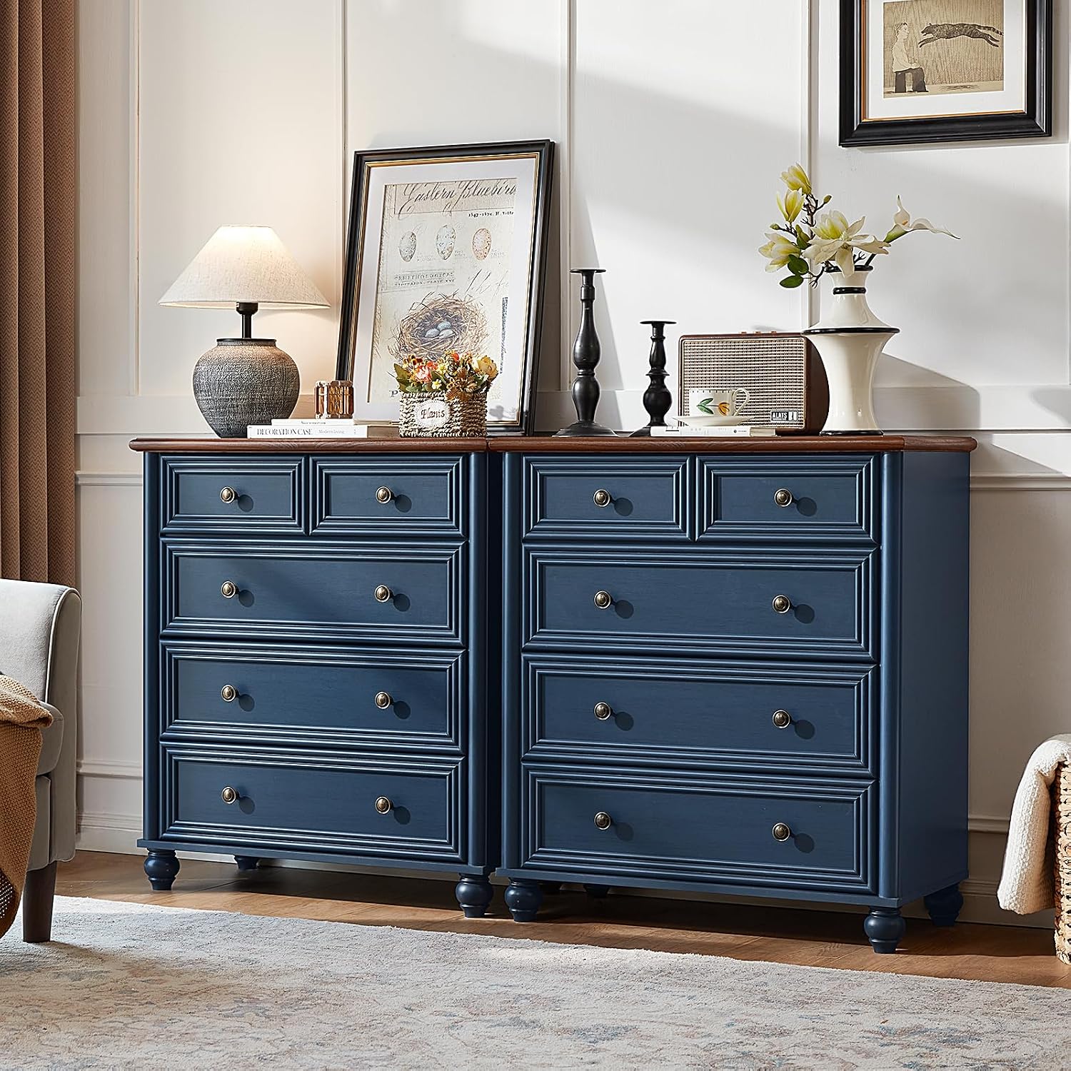 RWYHG Farmhouse 5 Drawer Dresser, Blue Rustic Chest of Drawers, 35.5' Tall Small Dressers for Bedroom with Roman Column and Metal Handles,Wood Storage Organizer for Living Room, Hallway, Closet