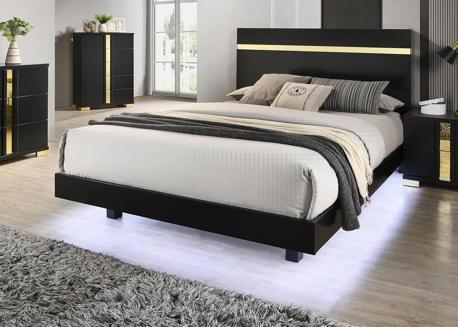 MASARA Contemporary 3-Piece Bedroom Set with Gold Accents, Black Engineered Wood and Metal Construction, Multiple, Ball-Bearing Glides, Bed with 2 Nightstnads (Queen)