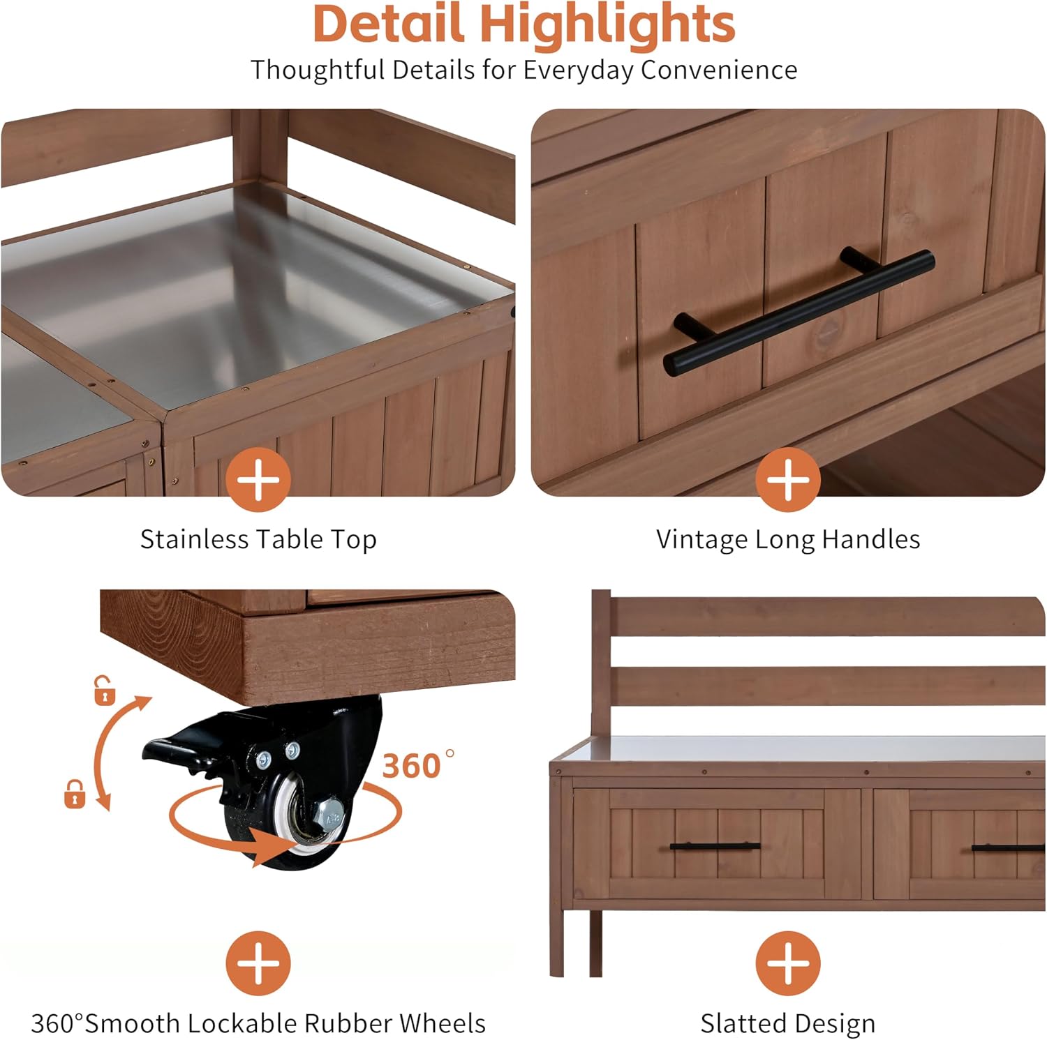 62.3'' Patio Kitchen Island Cart with Stainless Table Top,Solid Wood Garden Potting Bench with Raised Shelf and Drawers, Grill Prep Table for BBQ, Party (Brown-PK)