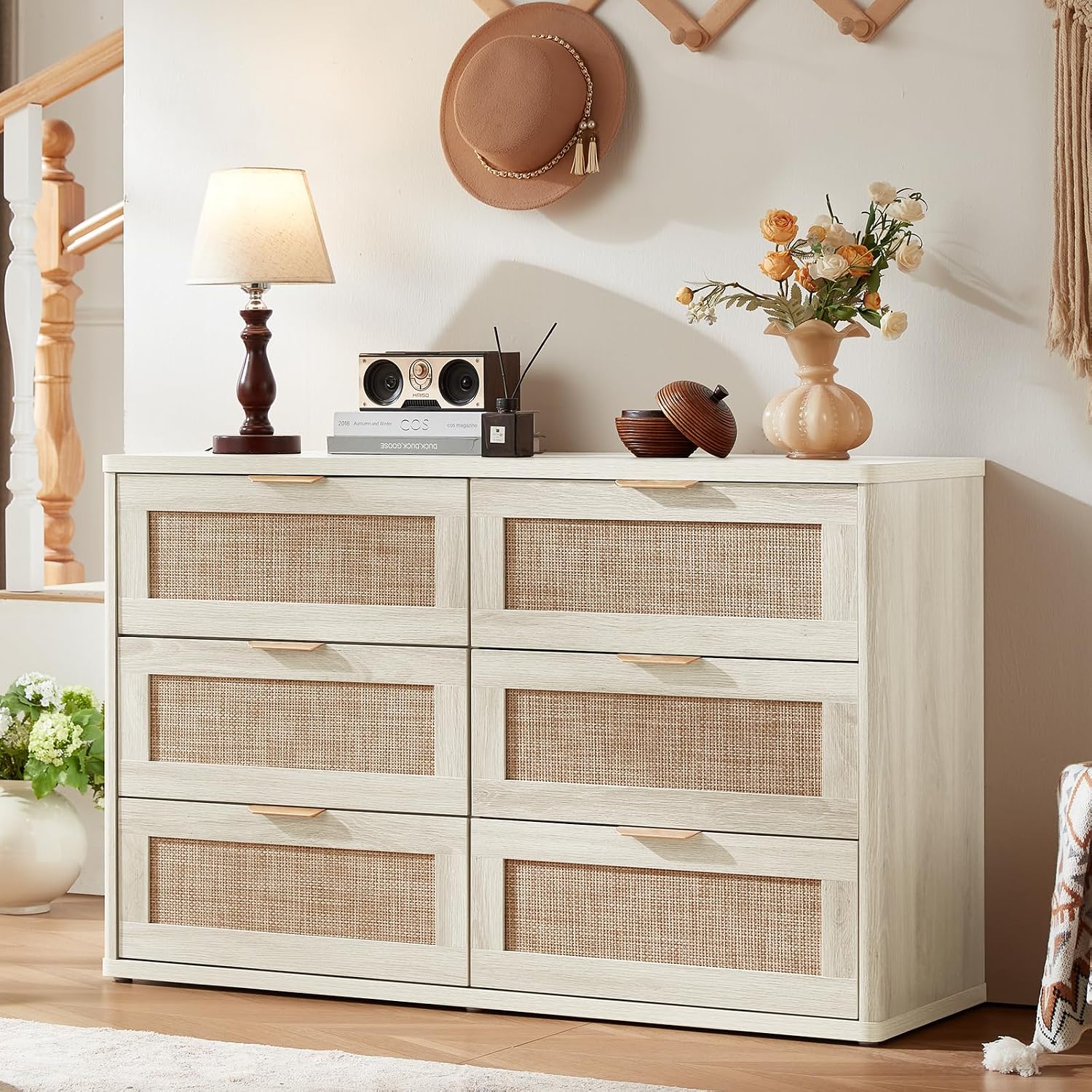 LEYAOYAO Rattan Dresser and Nightstand Sets 3 Piece, Boho Wood Dresser for Bedroom with 6 Drawers and Night Stand with 3 Drawer, Bedroom Furniture, Dressers & Chests of Drawers, Living Room, Hallway