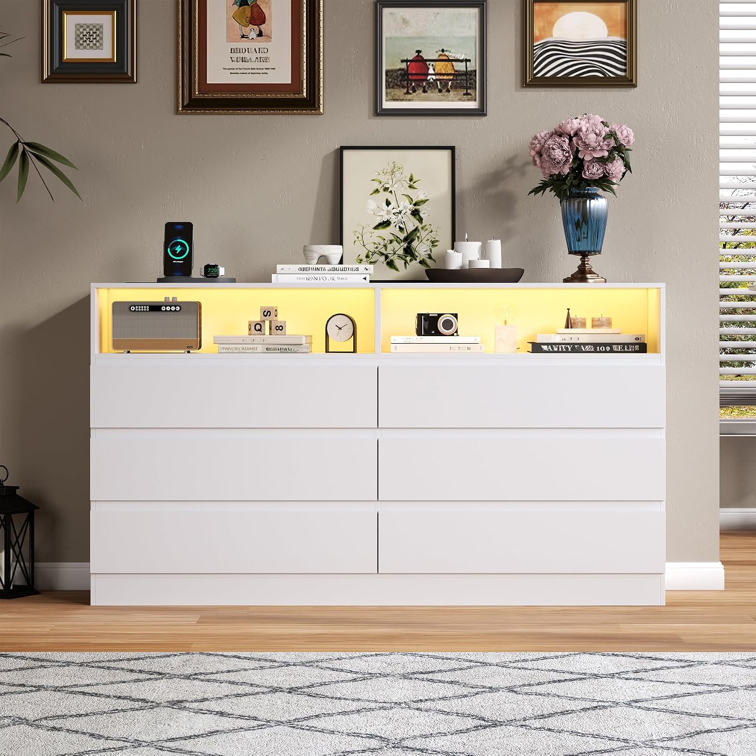 Gyfimoie 6 Drawer Dresser with Power Outlet, Modern White Dresser Chest of Drawers with LED Ligh, Wooden Dressers TV Stand, Double Wide Dressers Organizer for Bedroom, Living Room, Entryway