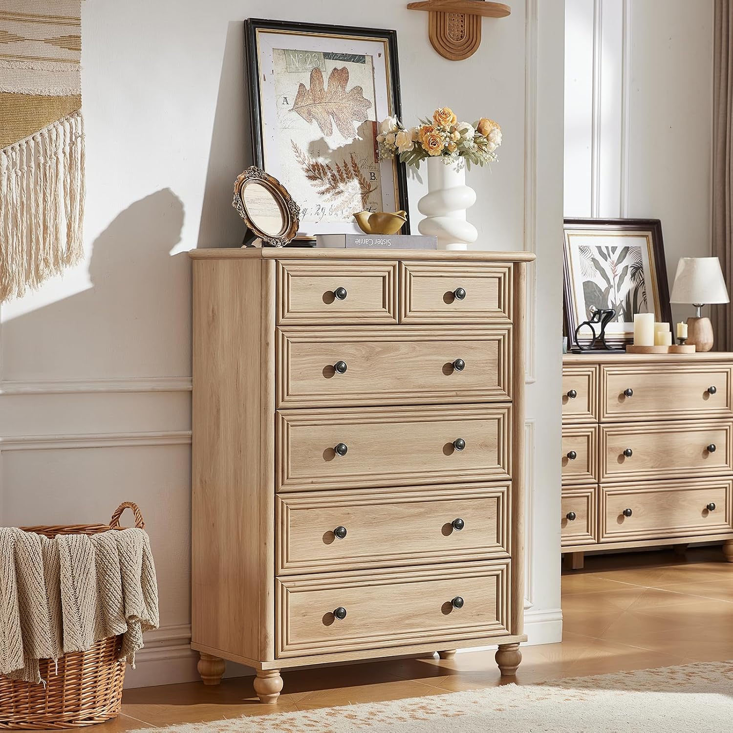 RWYHG Farmhouse 6 Drawer Dresser, 15.75'D x 31.5'W x 43.5'H Chest of Drawers for Bedroom, Natural Tall Dresser with 4 Solid Wood Feet, Wood Storage Dressers Organizer for Living Room Hallway Closet