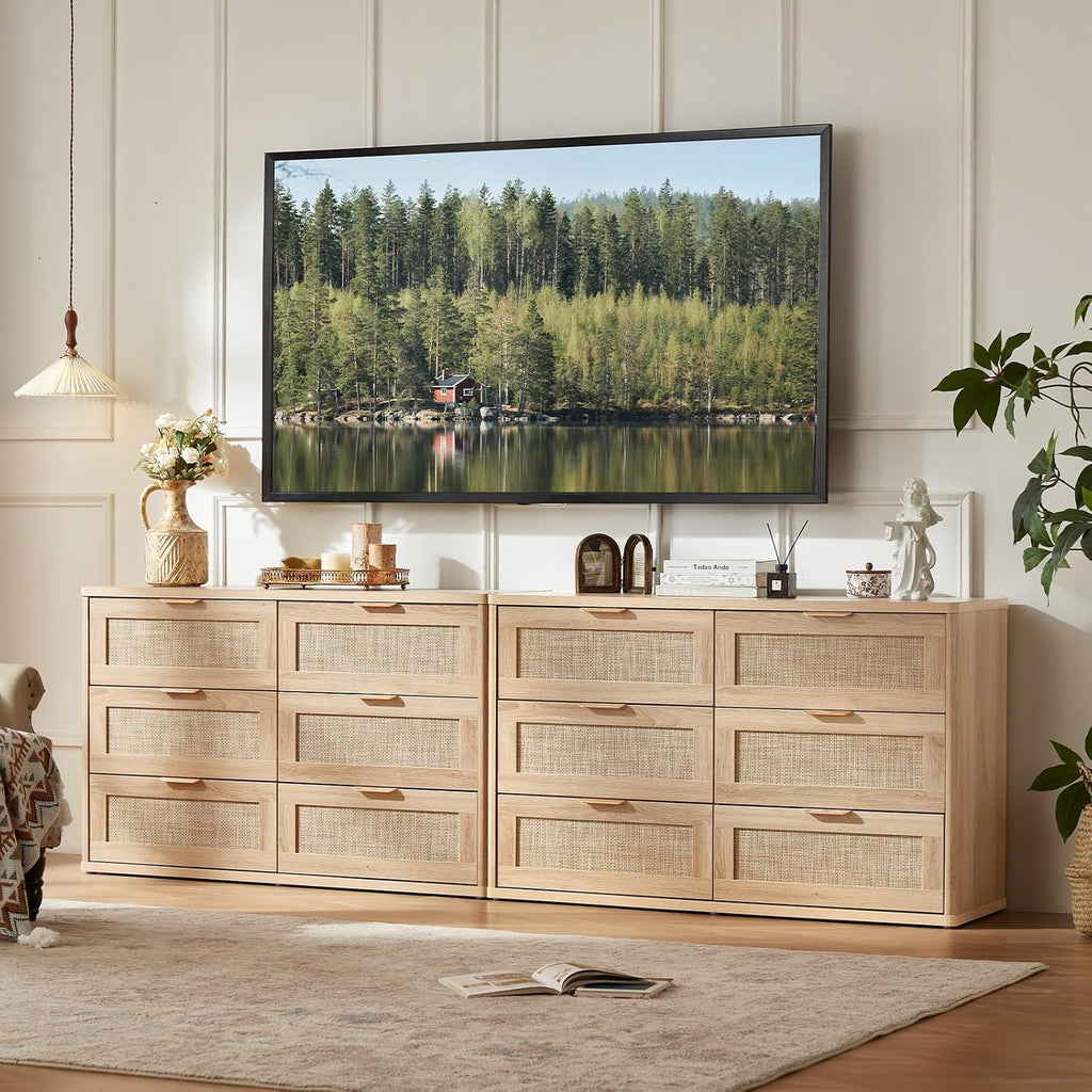 LEYAOYAO Rattan Dresser and Nightstand Sets 3 Piece, Boho Wood Dresser for Bedroom with 6 Drawers and Night Stand with Charging Station, Bedroom Furniture, Dressers & Chests of Drawers, Living Room