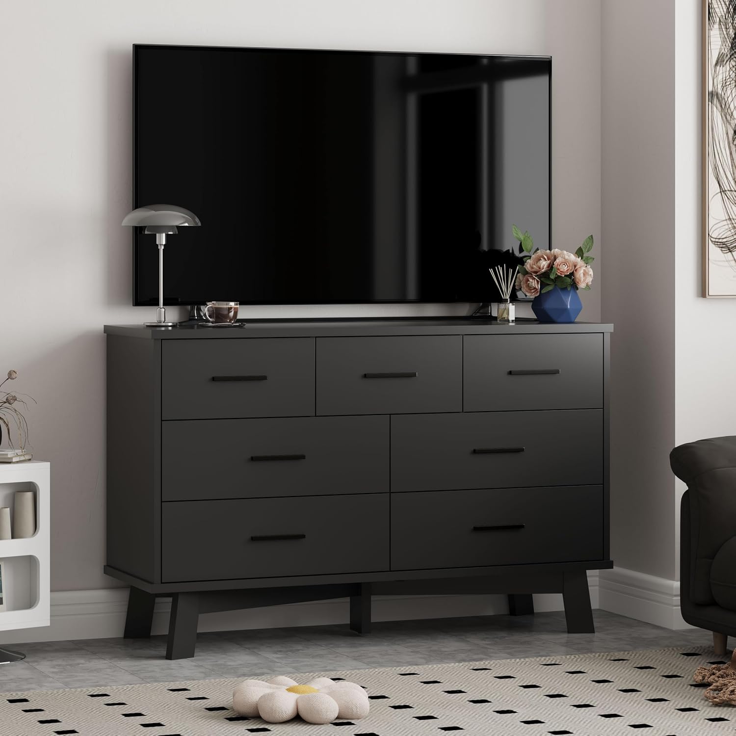 Xixini Dresser for Bedroom with 7 Drawer, Wood Modern Chest of Drawers with X-Shaped Sturdy Base, Wide Double Dresser Closet Clothes Storage Organizer, Wooden TV Stand for Living Room, Hallway, Black