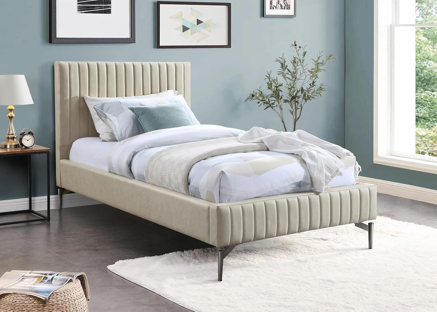 Meridian Furniture GalloBeige-T Gallo Collection Modern | Contemporary Twin Bed with Soft Beige Vegan Leather, Deep Channel Tufting and Black Metal Legs, 44' W x 84.5' D x 43.5' H, Beige, Twin