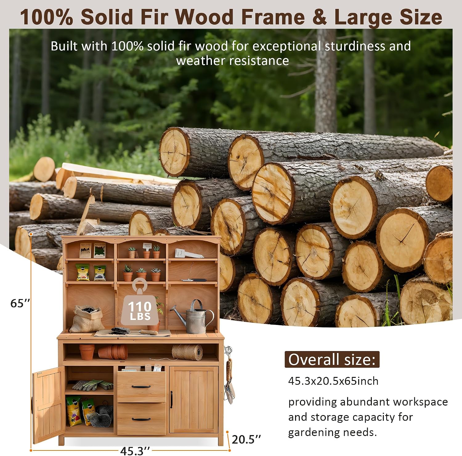 Polibi Large Fir Wood Potting Bench 45.3' Outdoor Patio Kitchen Island with Hutch, Cabinets, Drawers & Hooks, Multi-Functional Gardening Workbench for Grill, Natural Wood