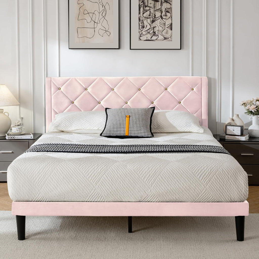Queen Size Platform Bed Frame with Velvet Headboard, Sturdy Wooden Slats Support, Mattress Foundation, No Box Spring Required, Non-Slip and Noise-Free, Easy Assembly, Pink