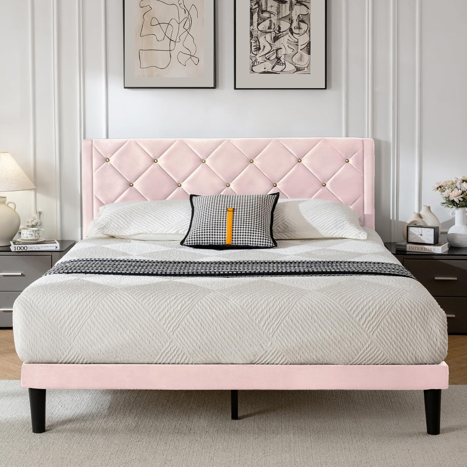 Queen Size Platform Bed Frame with Velvet Headboard, Sturdy Wooden Slats Support, Mattress Foundation, No Box Spring Required, Non-Slip and Noise-Free, Easy Assembly, Pink