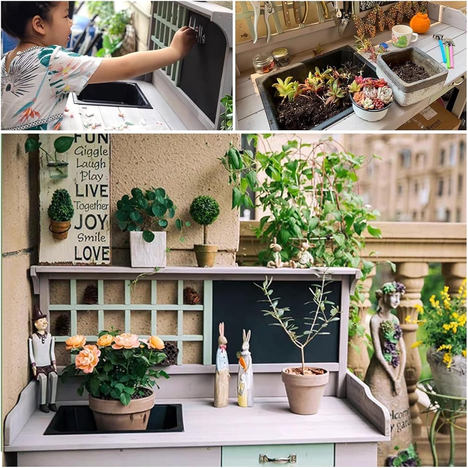 Potting Bench Table,Garden Potting Table, Outdoor Garden Potting Table Garden Work Bench Potting Bench Table for Patio Backyard and Porch with Cabinet Drawer Open Top & Lower Shelf, Gray