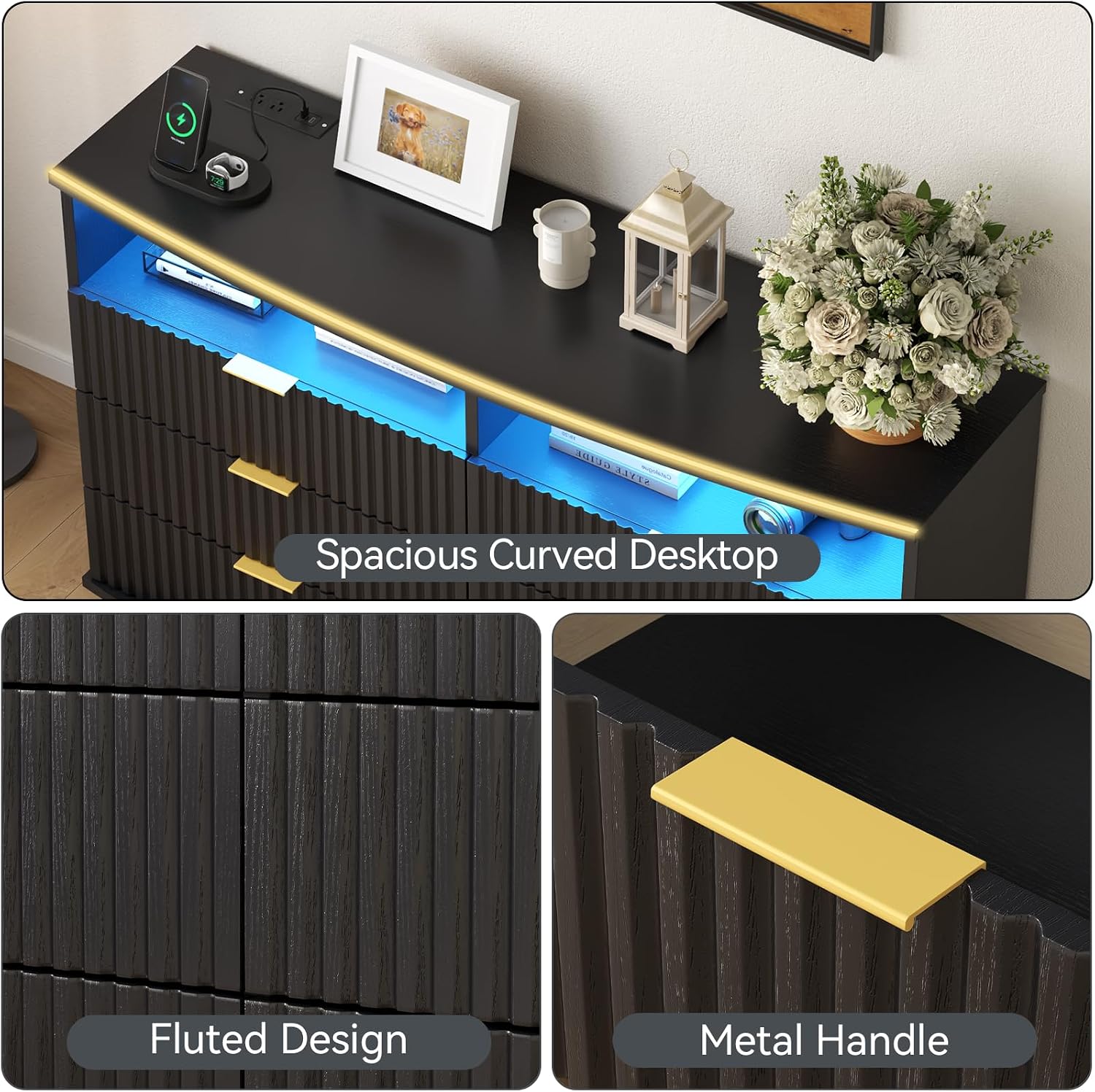 Gyfimoie Fluted 6 Drawer Dresser with LED Lights, Modern Black Chest of Drawers with Power Outlet & Curved Top, Wood Dresser TV Stand, Black Double Dresser for Bedroom, Living Room, Hallway