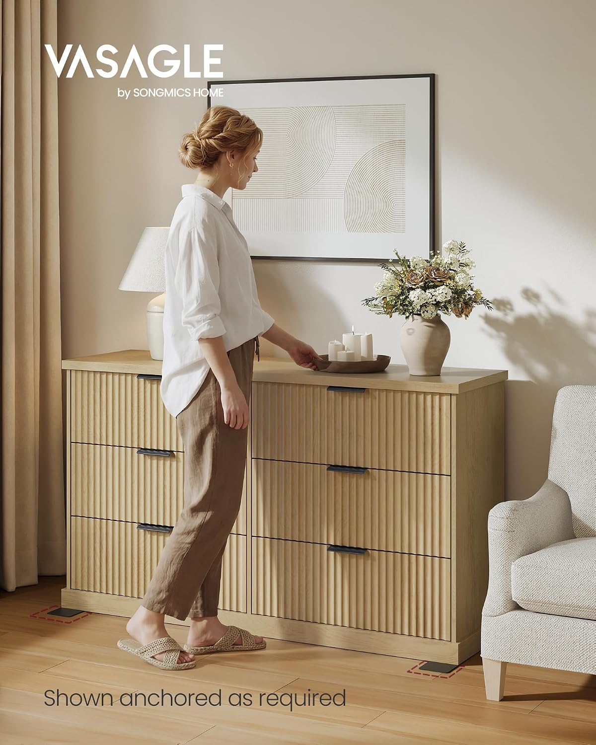 VASAGLE MAXE Collection - 6-Drawer Double Dresser for Bedroom, 54.2-Inch Wide Chest of Drawers, Fluted Panels, Mid Century Modern Storage Dresser, TV Stand for Living Room, Oak Beige ULTS662YC01S