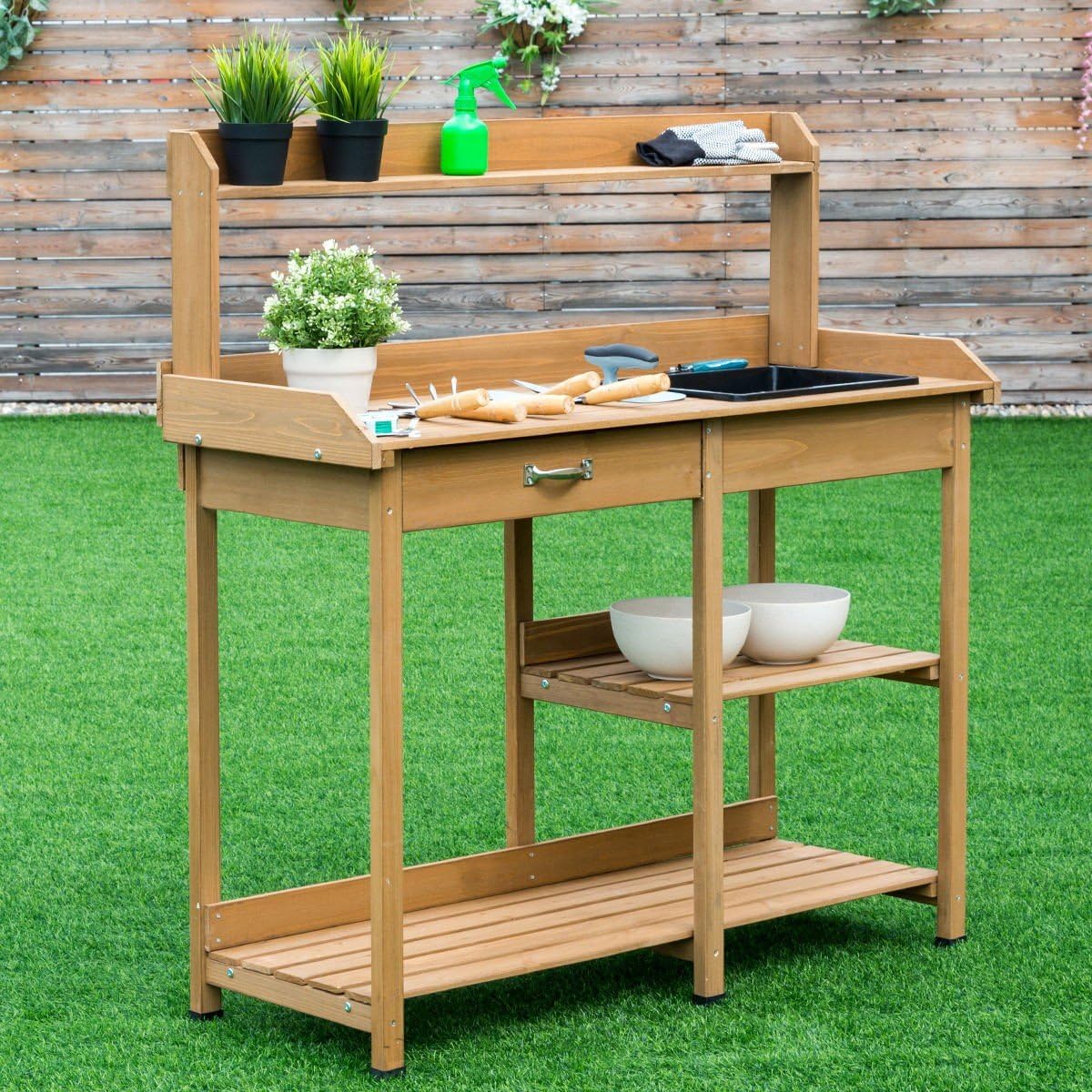 Wood Potting Bench Table Plant Stand Work Station Garden Lawn Patio with Ebook