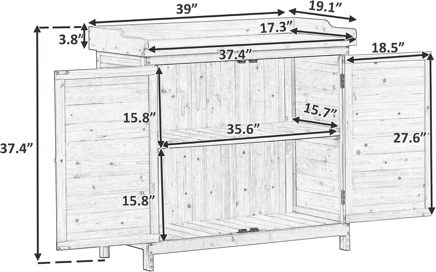 Outdoor 39' Potting Bench Table, Rustic Garden Wood Workstation Storage Cabinet Garden Shed with 2-Tier Shelves and Side Hook, Orange,for Outdoor Indoor Use (Grey)